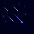 Shooting stars in galaxy sky background. Falling meteorite or comet with glowing light. Vector